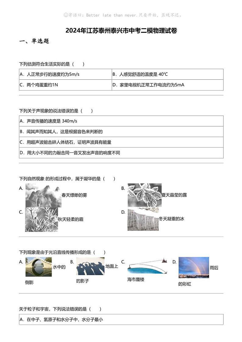 2024年江苏泰州泰兴市中考二模物理试卷第1页