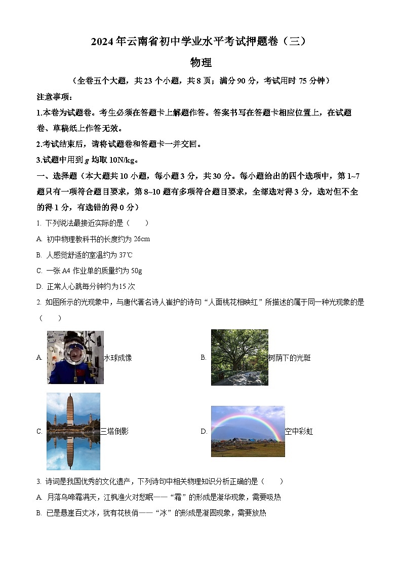 2024年云南省楚雄彝族自治州双柏县中考三模物理试题（原卷版）第1页