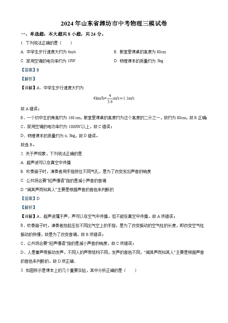 2024年山东潍坊市中考物理三模试卷（解析版）第1页