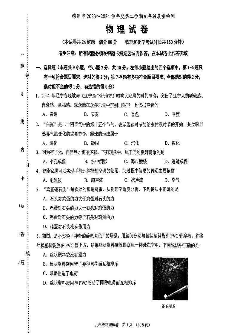 辽宁省锦州市2024年中考二模考试物理化学试题01
