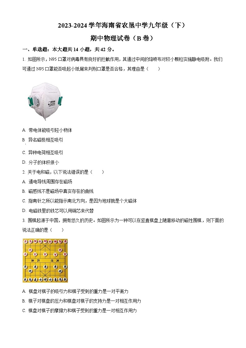 海南省农垦中学2023-2024学年九年级下学期期中物理试卷（B卷）（原卷版+解析版）01