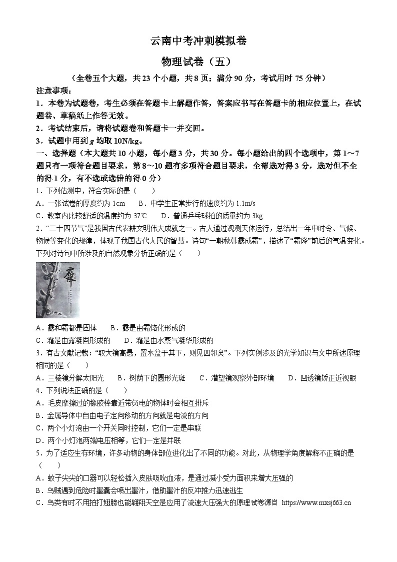 12，云南省昭通市巧家县茂租镇九年一贯制学校2023-2024学年九年级下学期5月月考物理试题01