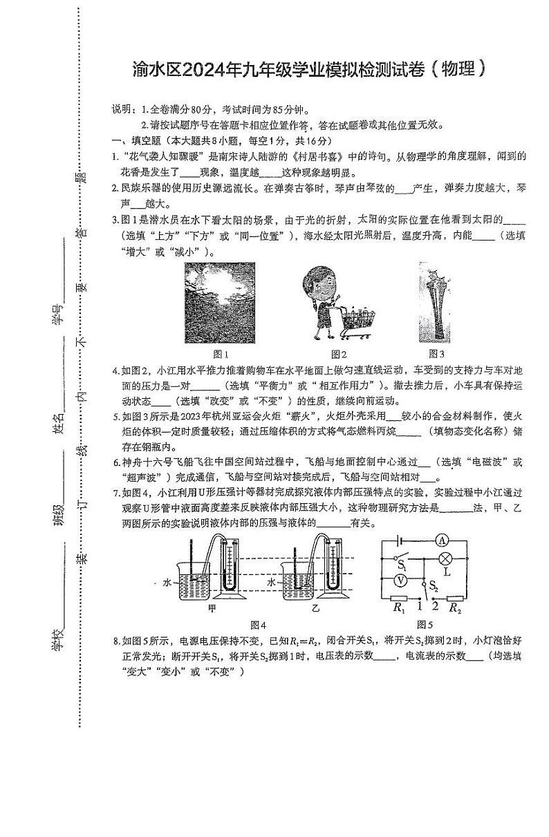 2024年江西省新余市渝水区中考第二次模拟考试物理+试卷01