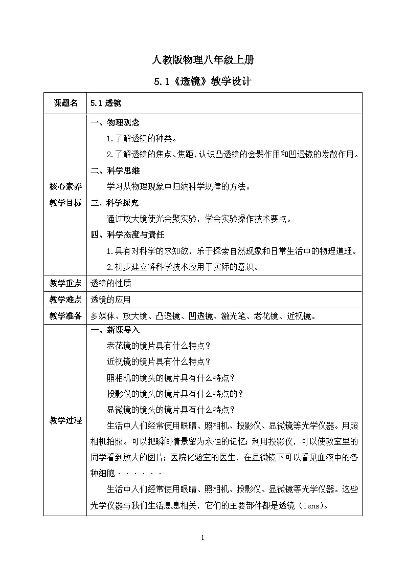 【核心素养】人教版八年级上册 第五章 第1节《透镜》课件+教案+分层练习01