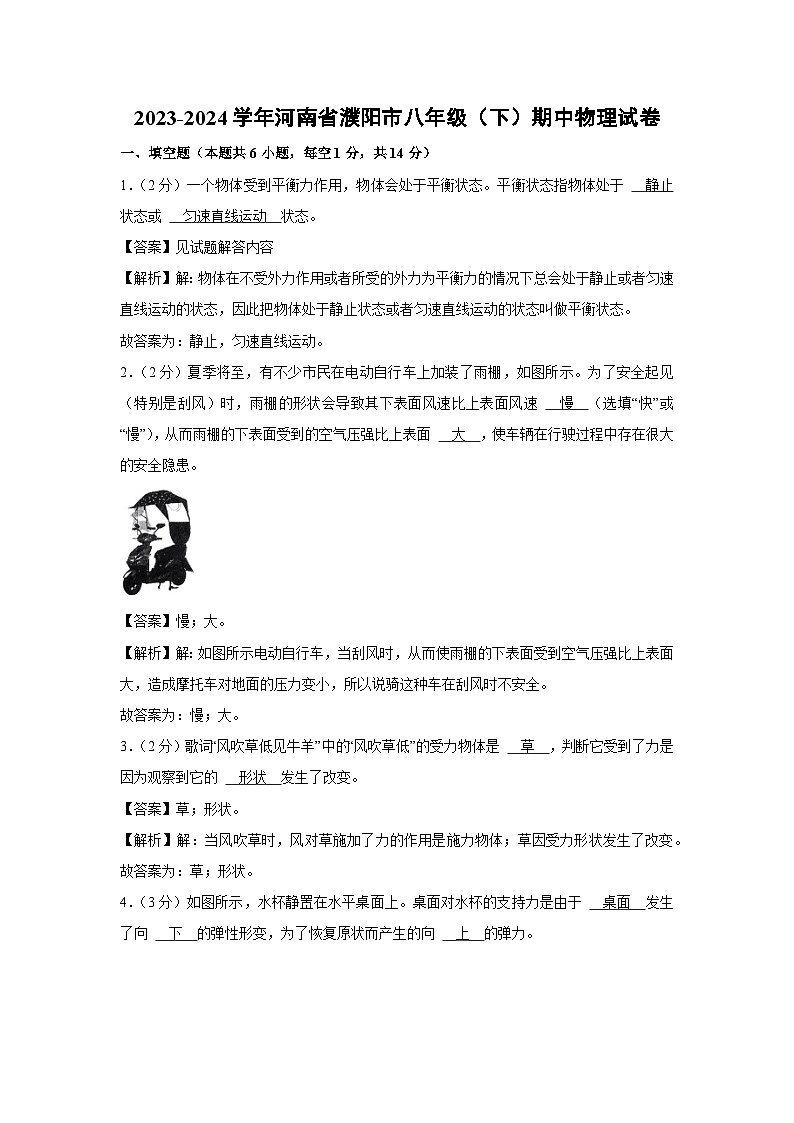 【物理】河南省濮阳市2023-2024学年八年级下学期期中物理试卷01