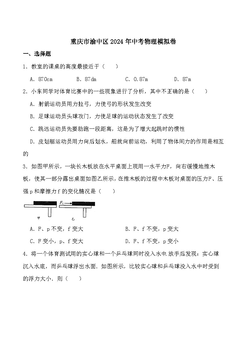 2024年重庆市渝中区中考物理模拟卷01