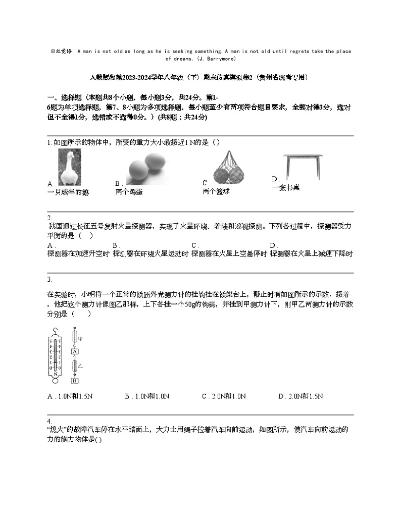 人教版物理2023-2024学年八年级（下）期末仿真模拟卷2（贵州省统考专用）第1页