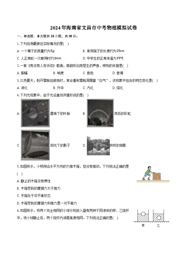 2024年海南省文昌市中考物理模拟试卷（含解析）第1页