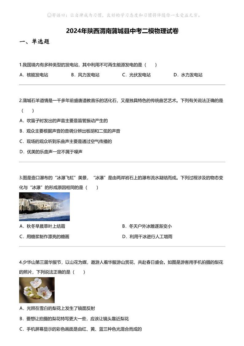 2024年陕西渭南蒲城县中考二模物理试卷第1页