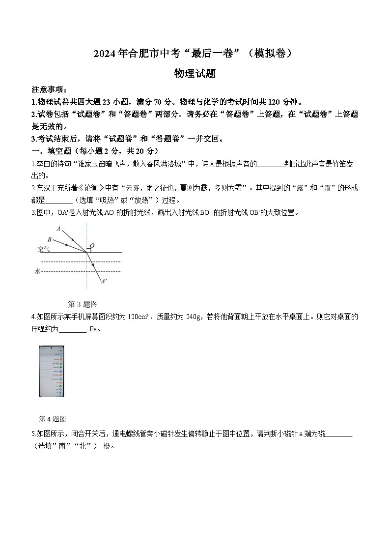 2024年安徽省合肥市中考模拟考试最后一卷物理试卷(含答案)01