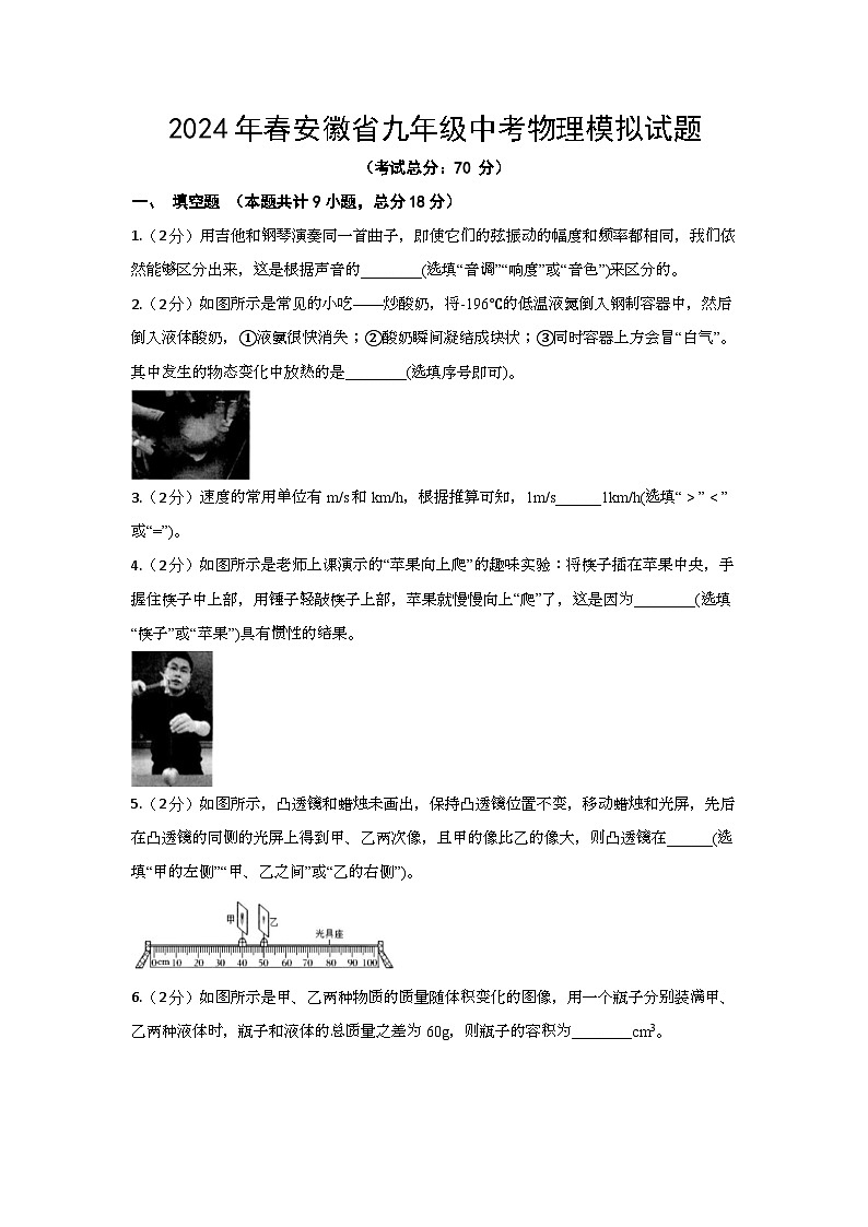 2024年春安徽省九年级中考物理模拟试题（含答案）第1页