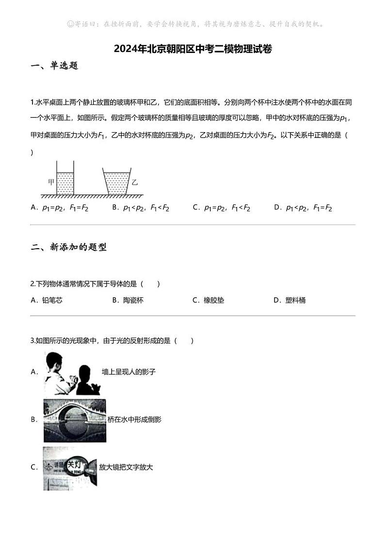 2024年北京朝阳区中考二模物理试卷01