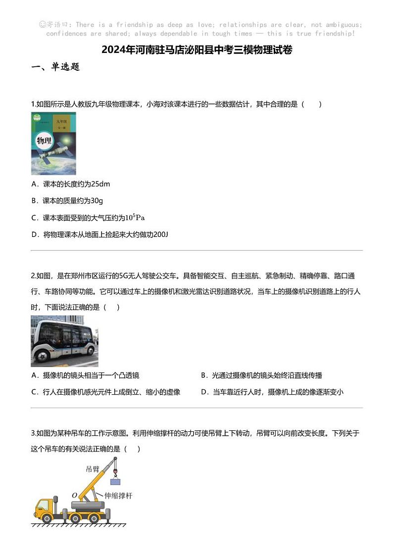 2024年河南驻马店泌阳县中考三模物理试卷第1页