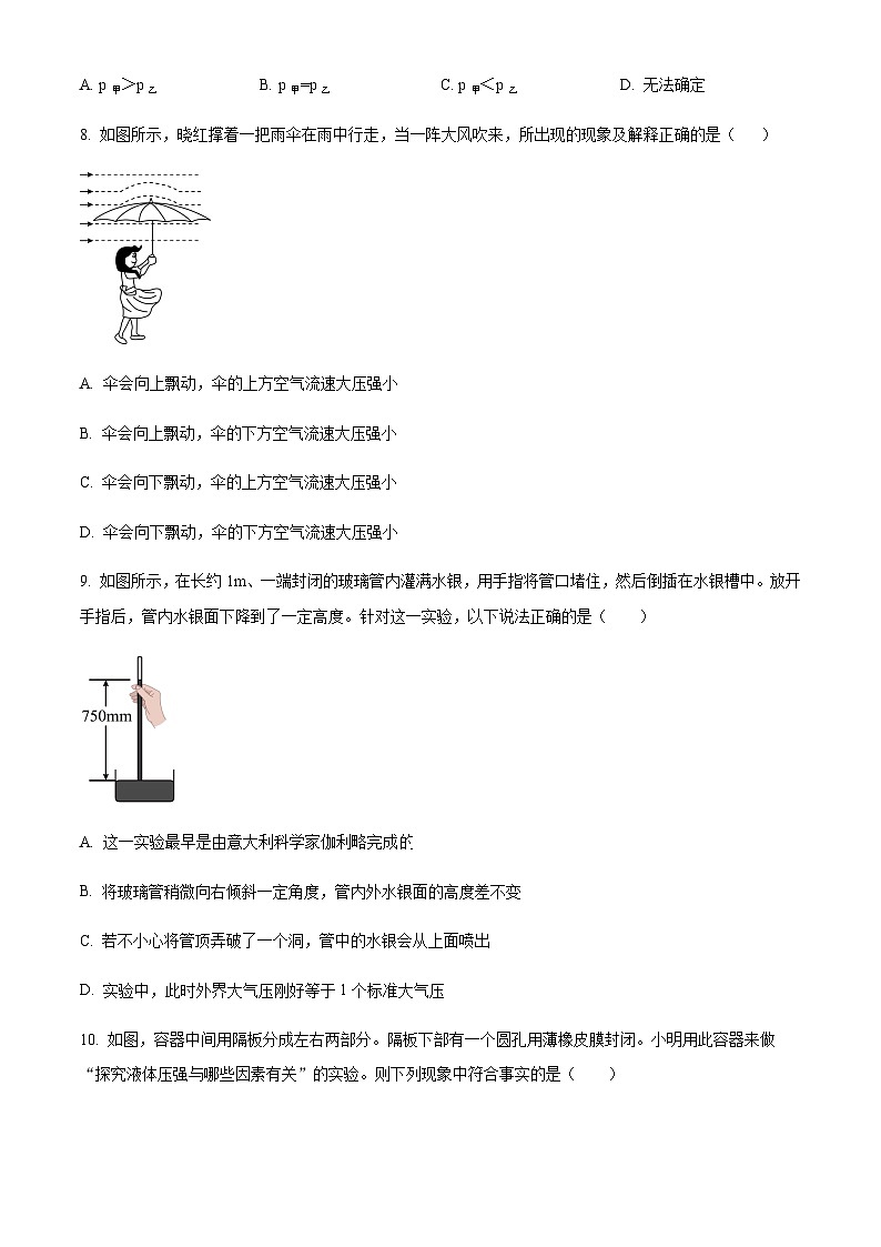 重庆市第一一〇中学校2023－2024学年八年级下学期物理第三月检测卷含答案03