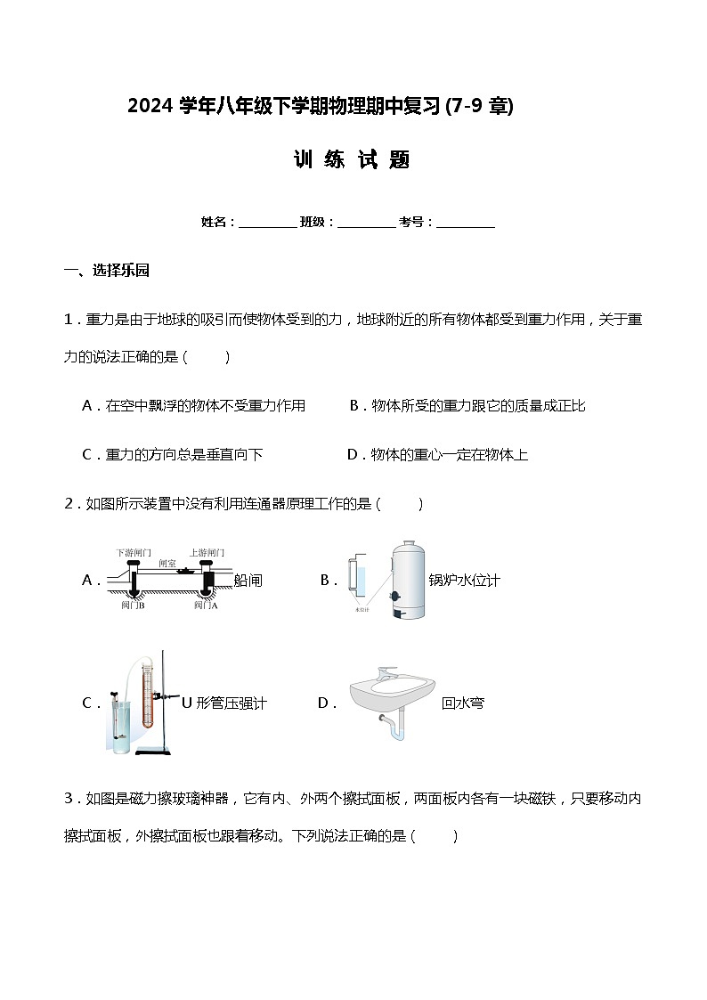 期中复习训练试题-----教科版2024学年八年级下学期物理含答案第1页