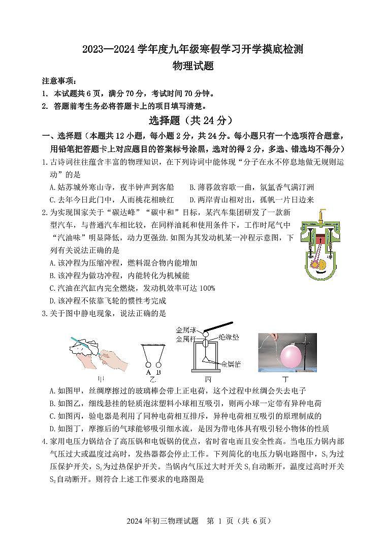 山东省菏泽市成武县育青中学2023-2024学年九年级下学期开学考试物理试题含答案01