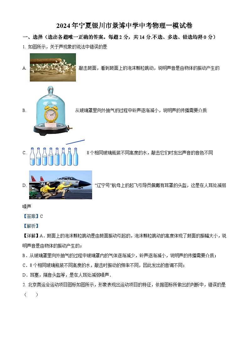 2024年宁夏银川市景博中学中考一模物理试题（教师版）第1页