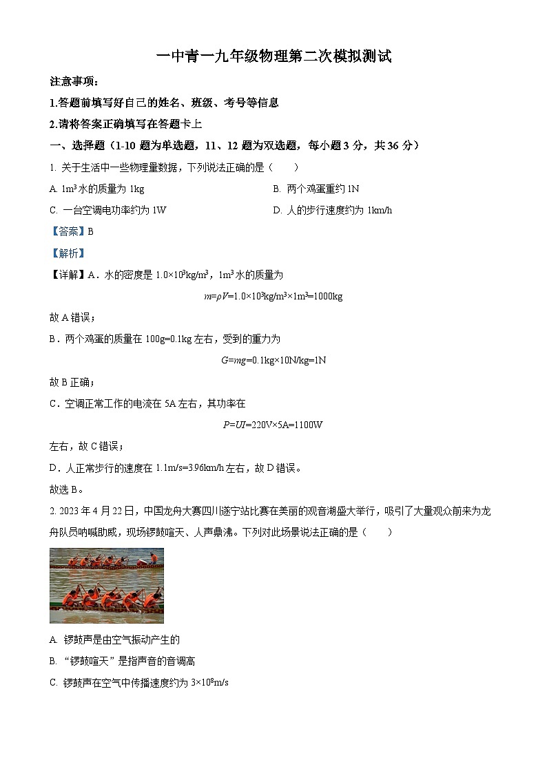 2024年湖南省长沙市青竹湖湘一外国语学校中考二模物理试题（学生版+教师版）01
