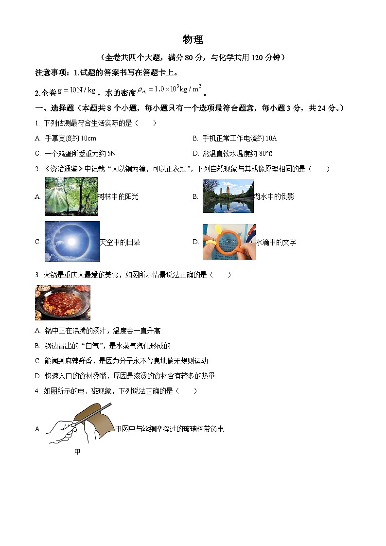 2024年重庆市巴蜀中学校中考三模考试物理试题（学生版+教师版）01