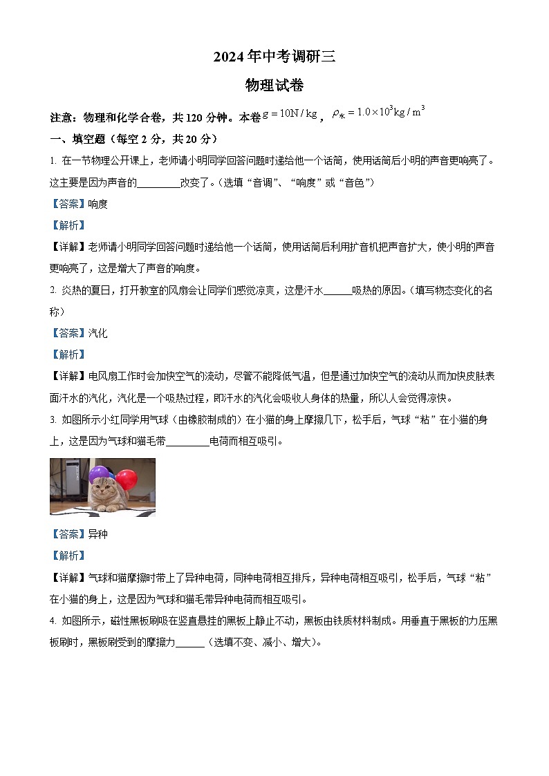 2024年安徽省合肥市庐阳中学中考三模物理试题（教师版）第1页