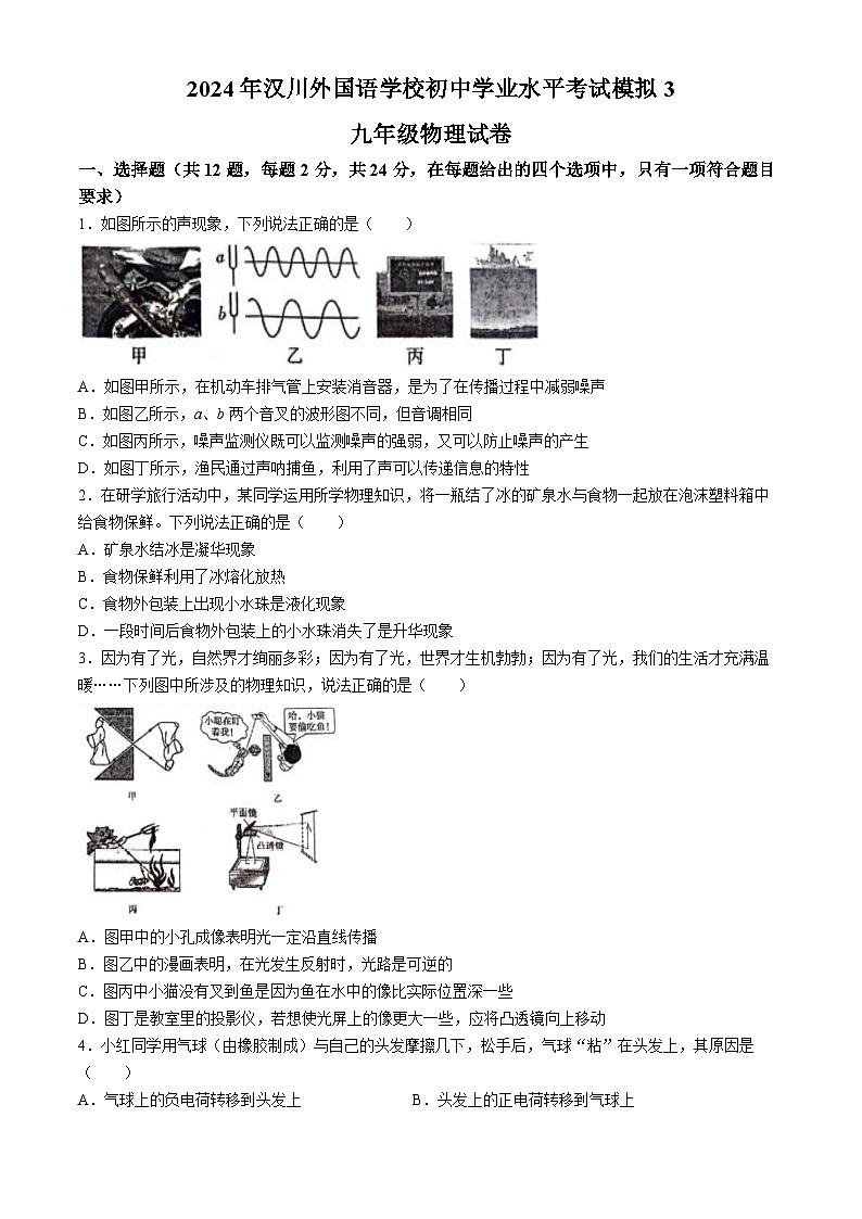 2024年湖北省孝感市汉川外国语学校中考三模物理试卷(无答案)第1页