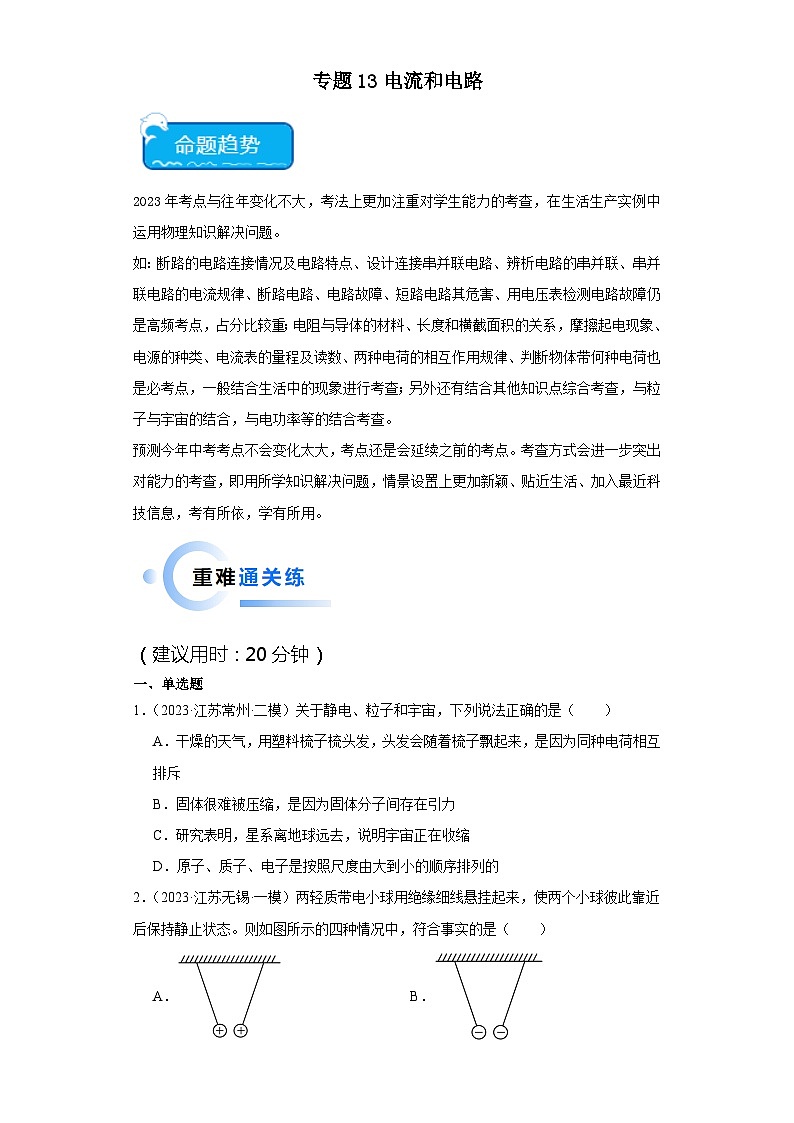 专题13 电流和电路-2024年中考物理【热点·重点·难点】专练（江苏专用）（原卷版）第1页