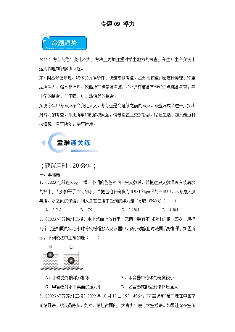 专题09 浮力-2024年中考物理【热点·重点·难点】专练（江苏专用）（原卷版）第1页