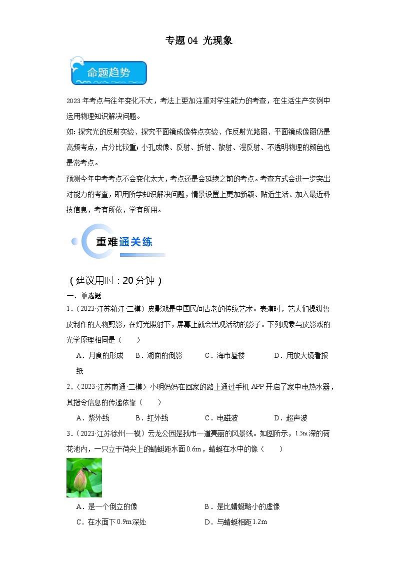专题04光现象-2024年中考物理【热点·重点·难点】专练（江苏专用）（原卷版）第1页