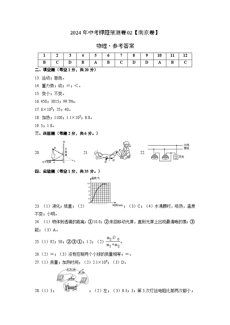 2024年中考押题预测卷02（南京卷）-物理（参考答案）第1页