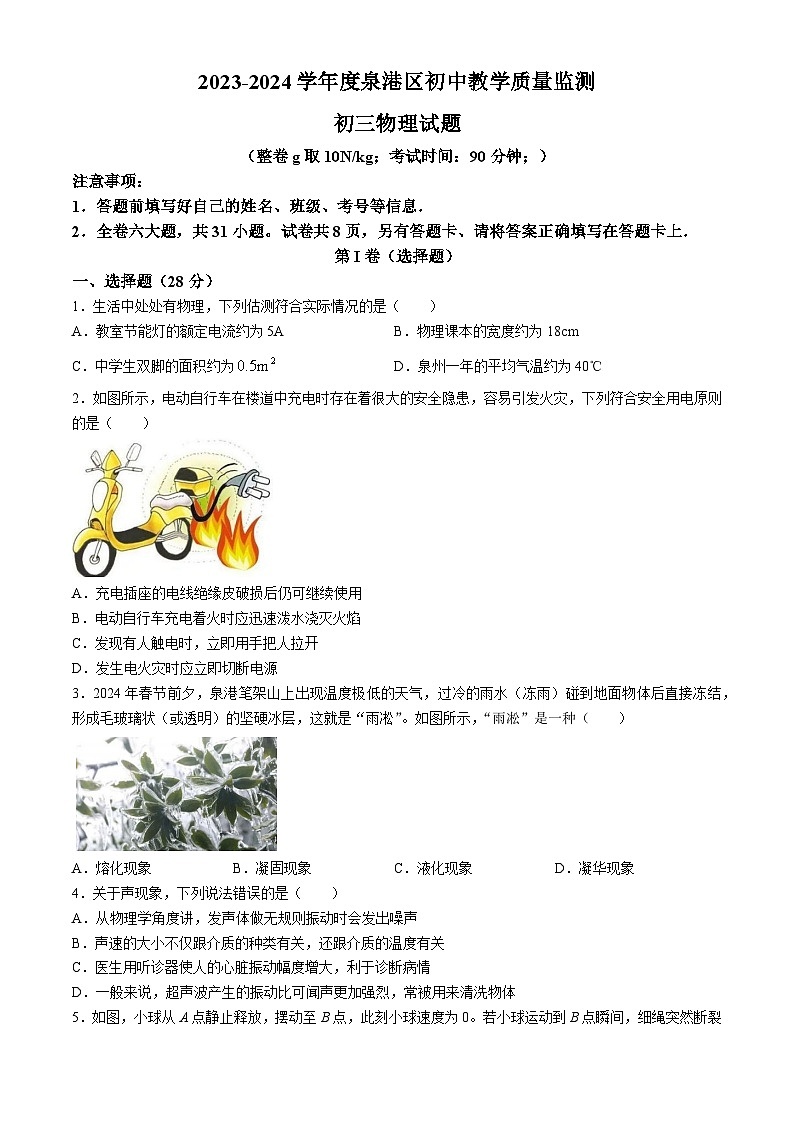 2024年福建省泉州市泉港区中考三模物理试题第1页