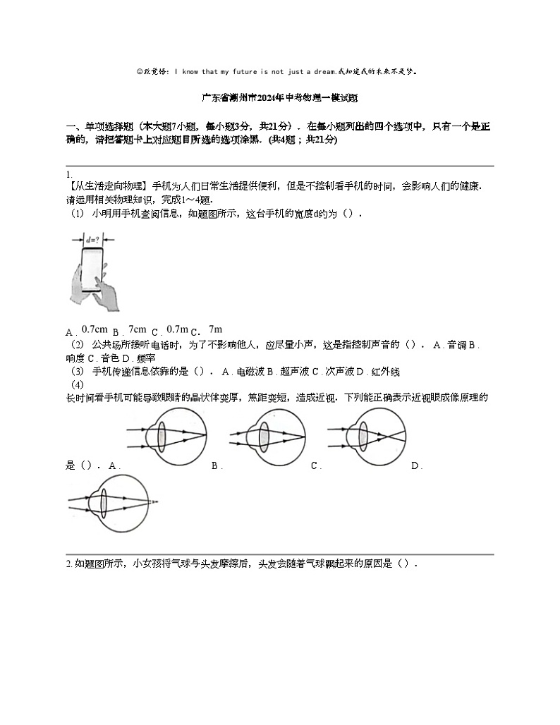 广东省潮州市2024年中考物理一模试题01