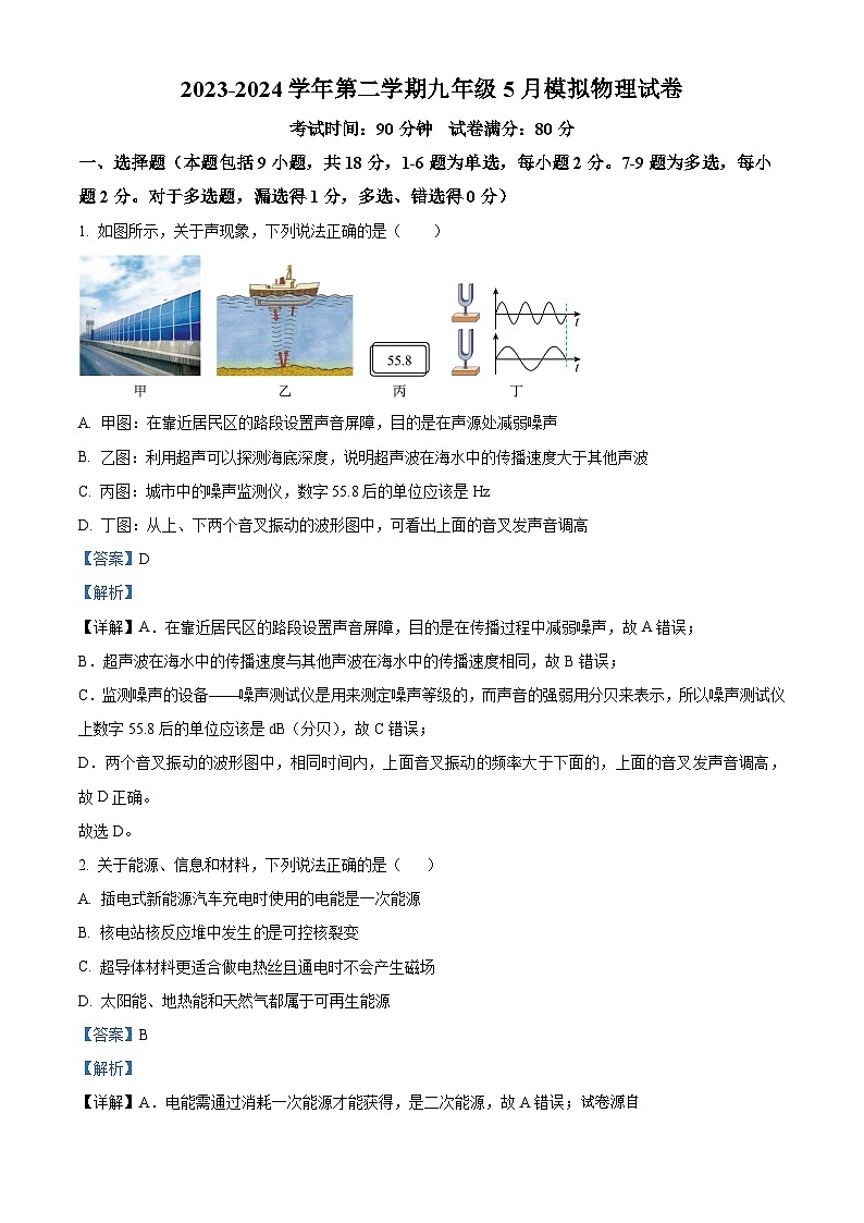 2024年辽宁省盘锦市第一完全中学中考三模物理试题01