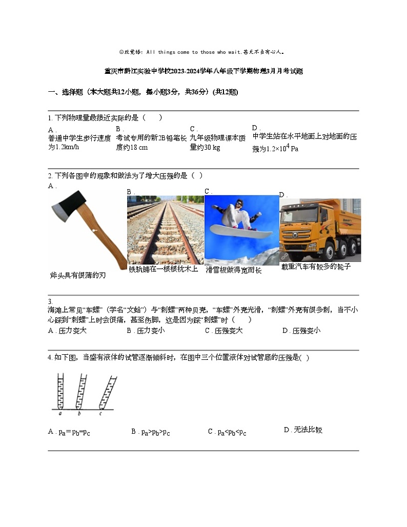 重庆市黔江实验中学校2023-2024学年八年级下学期物理3月月考试题01