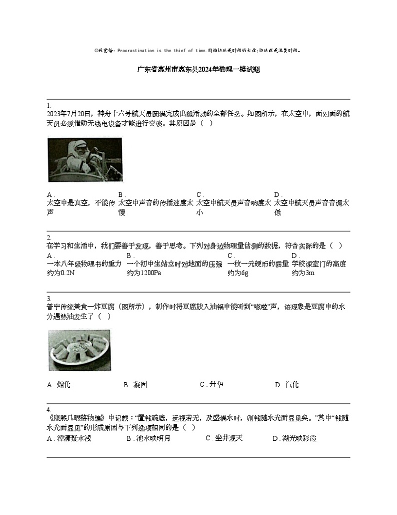 广东省惠州市惠东县2024年中考物理一模试题01