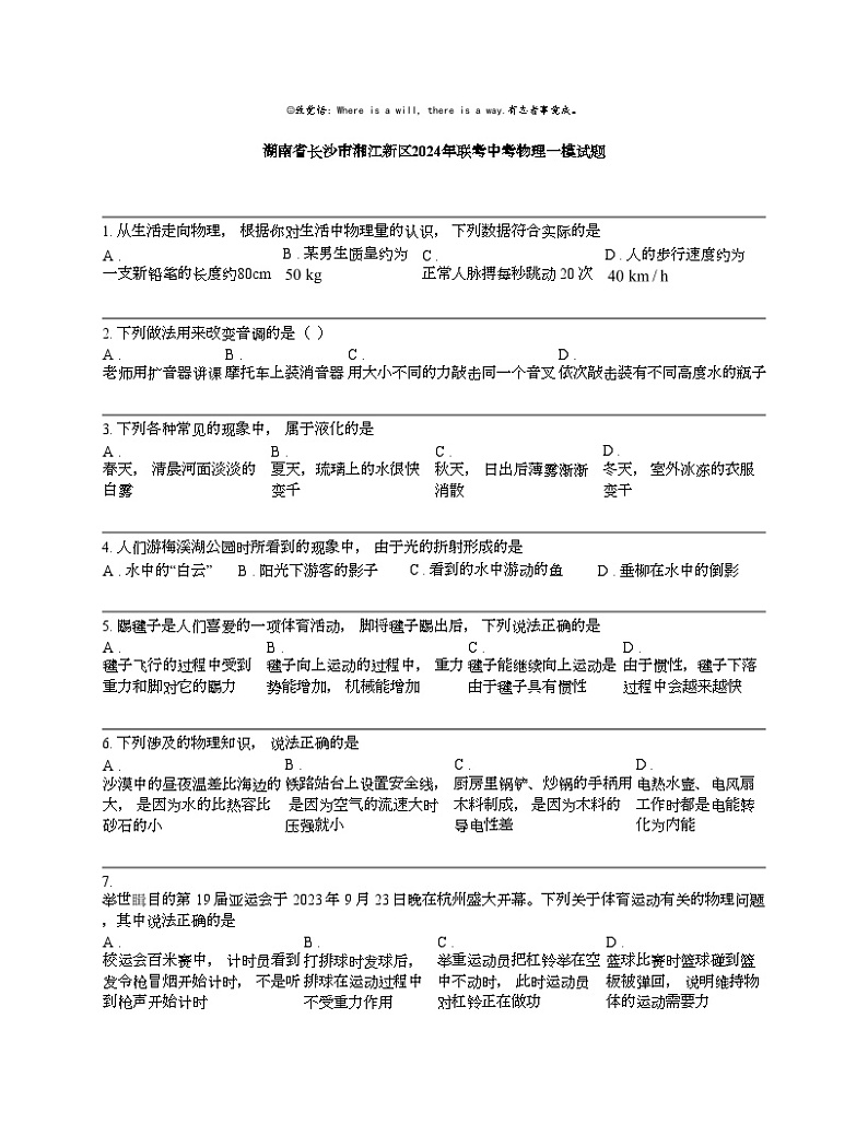 湖南省长沙市湘江新区2024年联考中考物理一模试题第1页