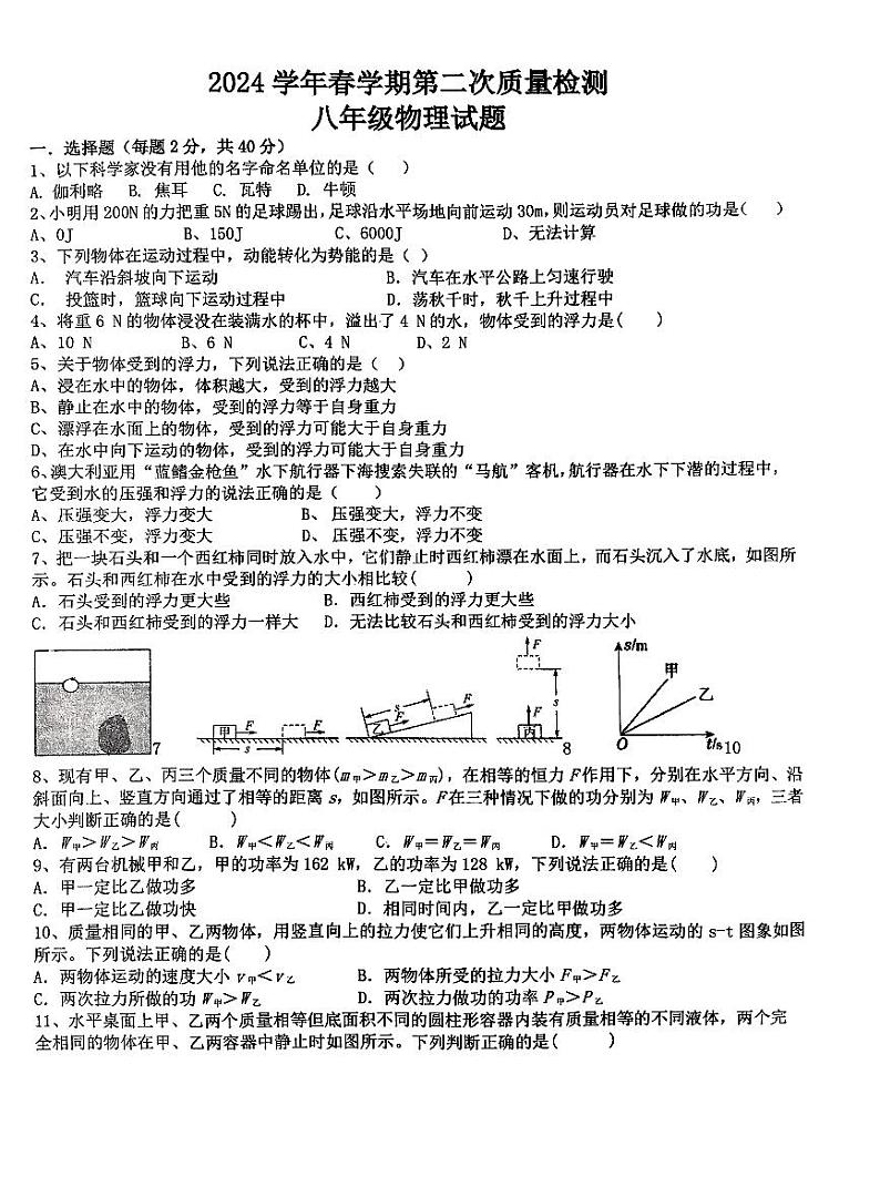 山东省枣庄市峄城区东方学校2023-2024学年八年级下学期六月月考物理试卷01