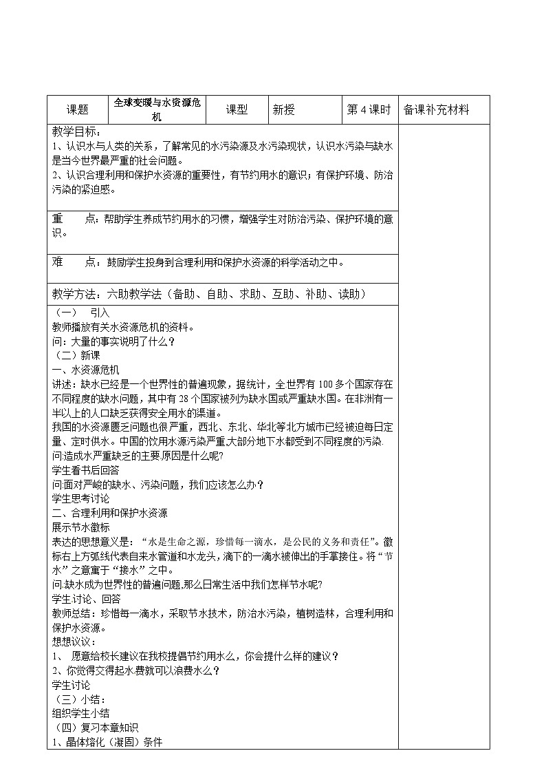 沪科版物理九年级上册 第十二章第五节 全球变暖与水资源危机教案01