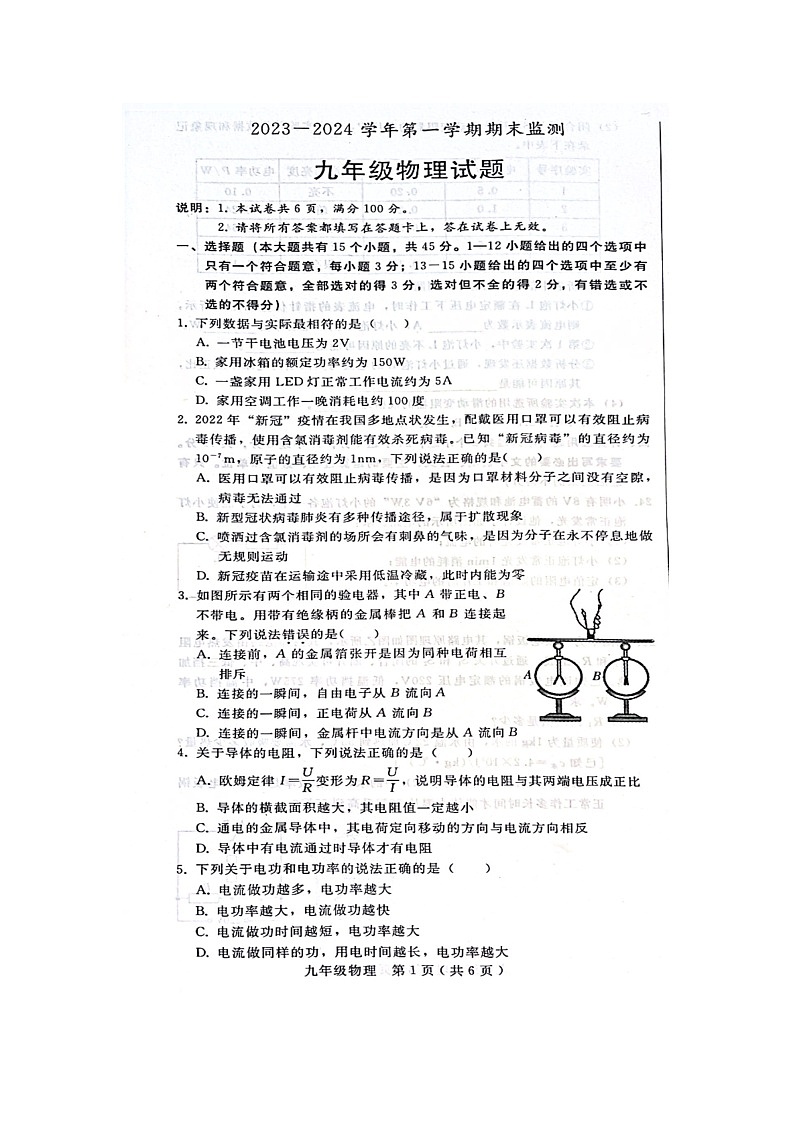 河北省邯郸市邯郸冀南新区2023-2024学年九年级上学期期末物理试题含答案02