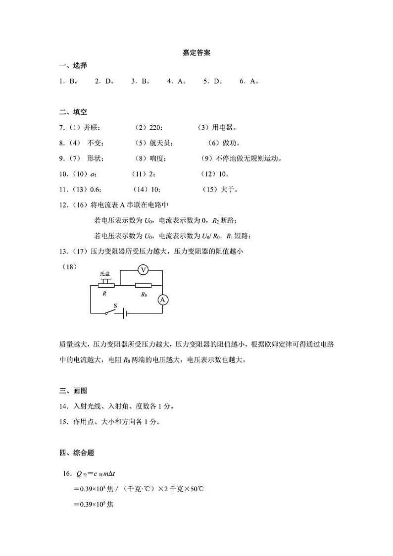上海市嘉定区2023-2024学年九年级上学期质量调研物理试卷含答案01