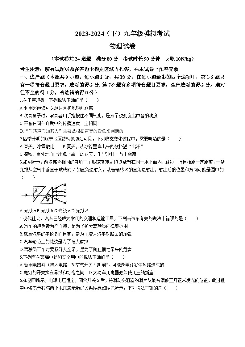 2024年辽宁省丹东市振兴区丹东市第五中学中考三模物理试题(无答案)第1页