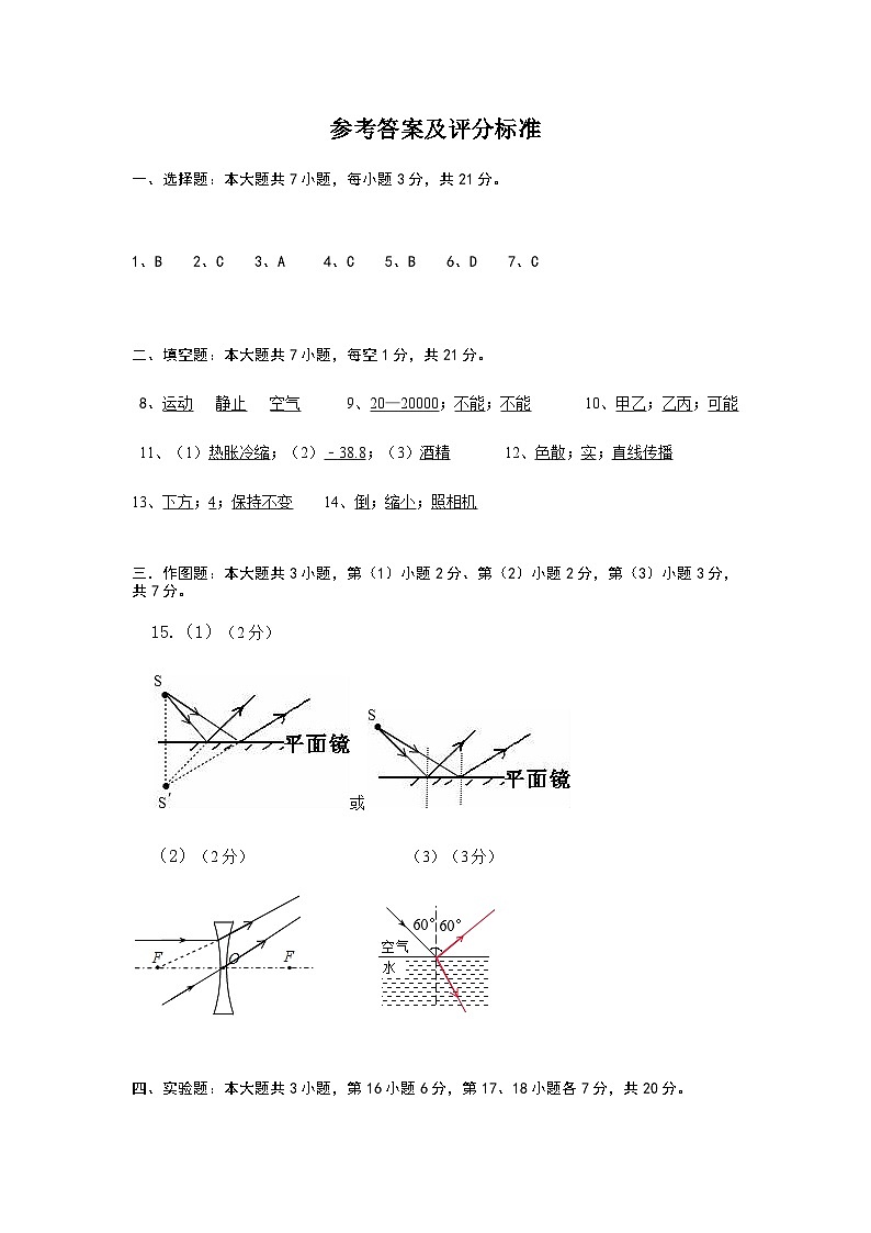 八上物理参考答案及评分标准第1页