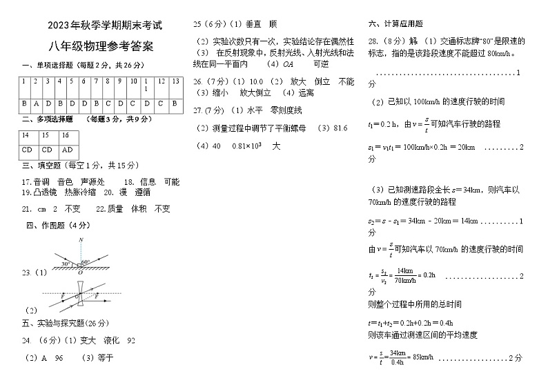 广西贺州市富川县2023-2024学年八年级上学期期末质量监控检测物理试题含答案01