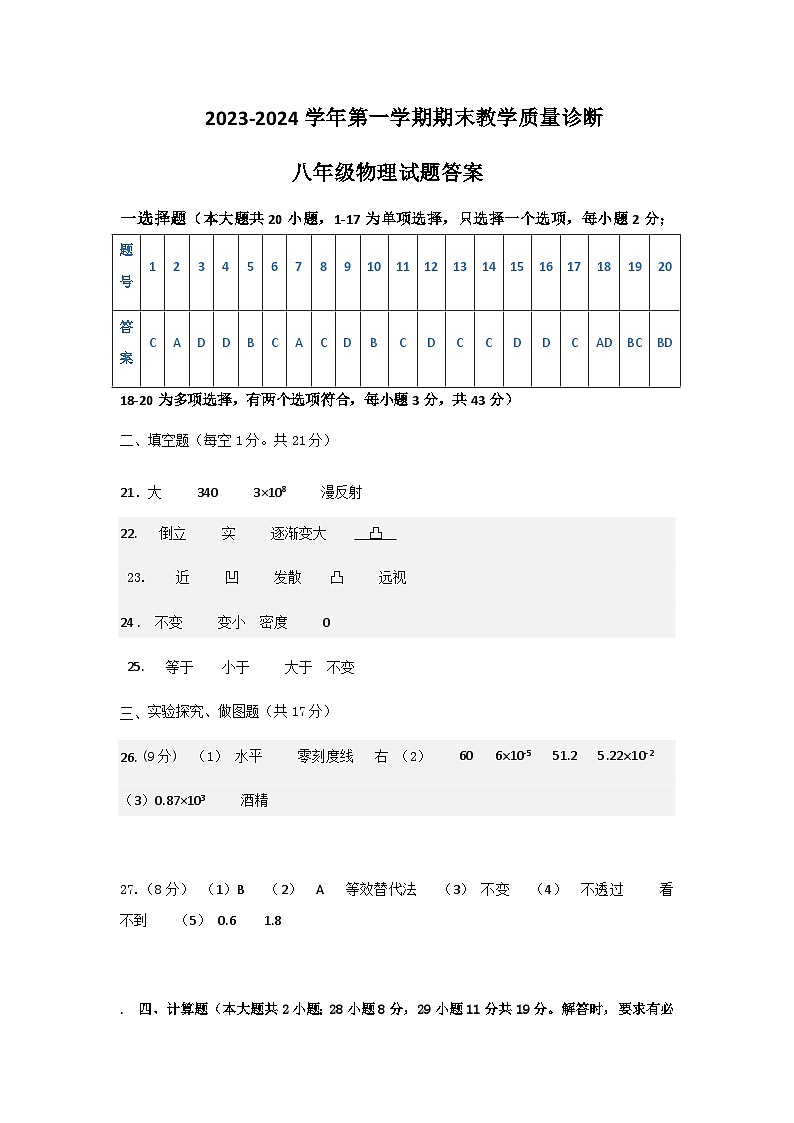 河北省秦皇岛市青龙满族自治县2023-2024学年八年级上学期期末物理试题含答案01