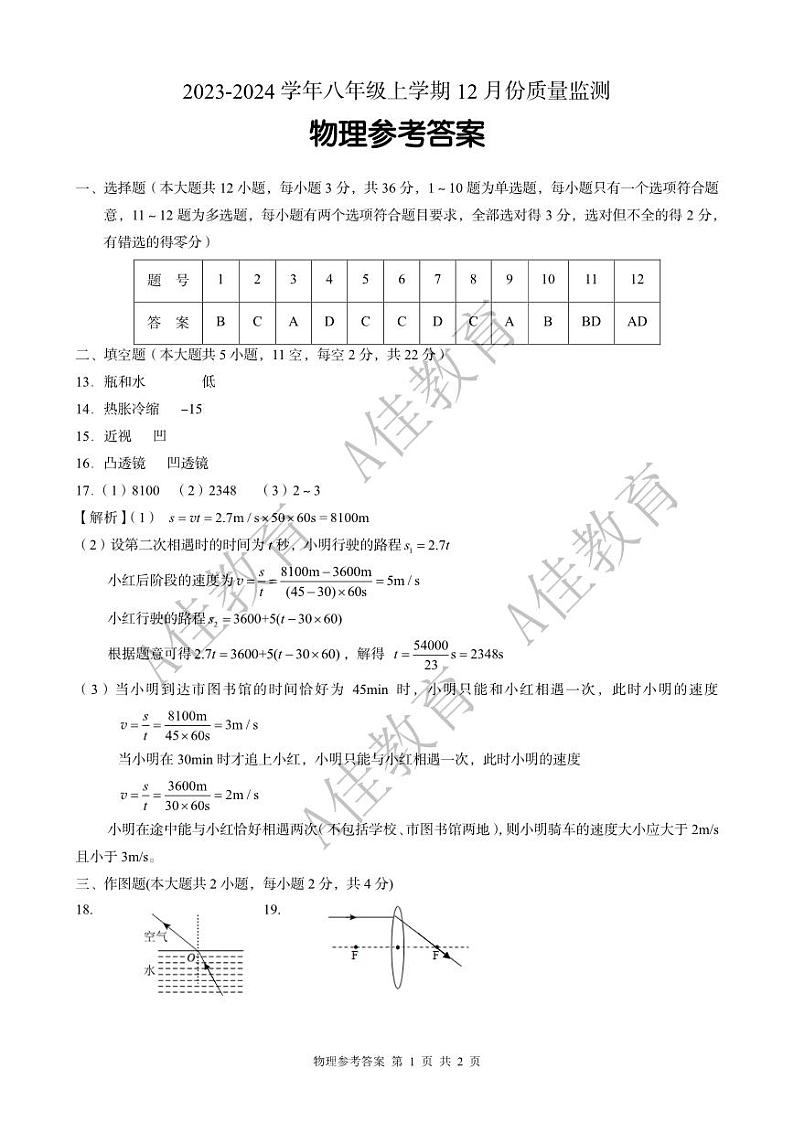 湖南省周南教育集团2023-2024学年八年级上学期12月月考物理试题含答案01