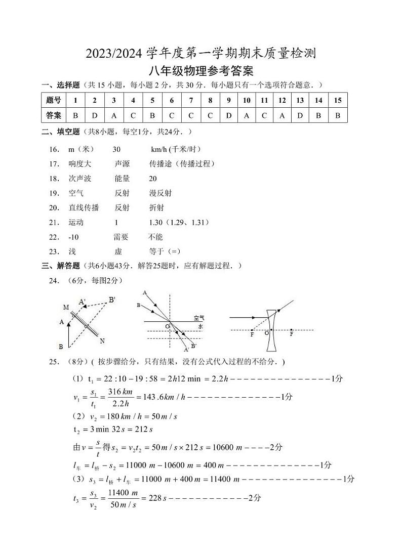 江苏省盐城市盐都区2023-2024学年八年级上学期期末物理试卷含答案01
