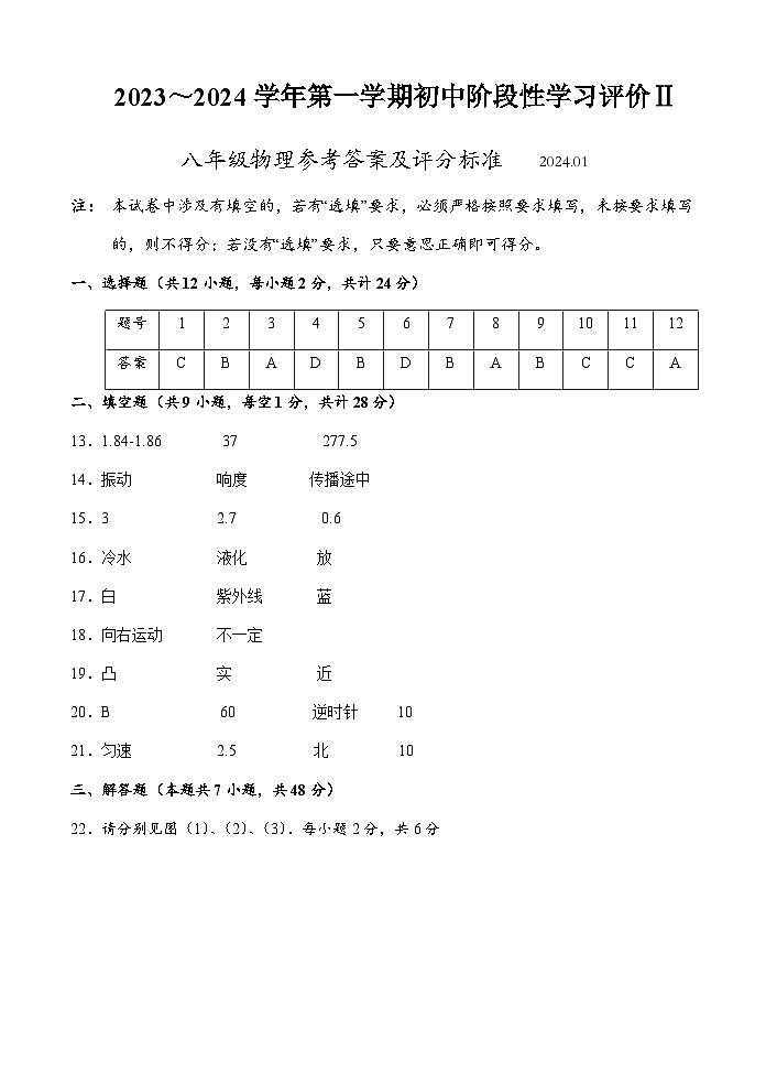 2023～2024学年第一学期初中阶段性学习评价Ⅱ八年级物理参考答案及评分标准(1)第1页