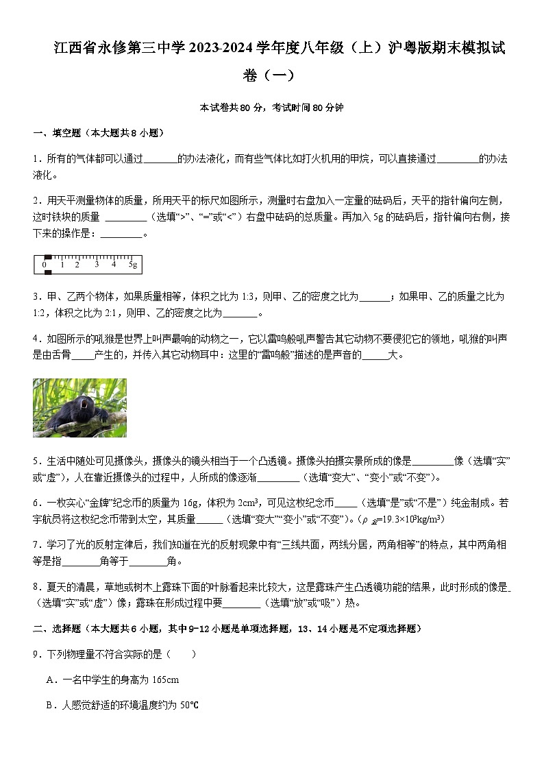 江西省永修第三中学2023-2024学年度八年级上学期沪粤版期末模拟试卷（一）含答案第1页
