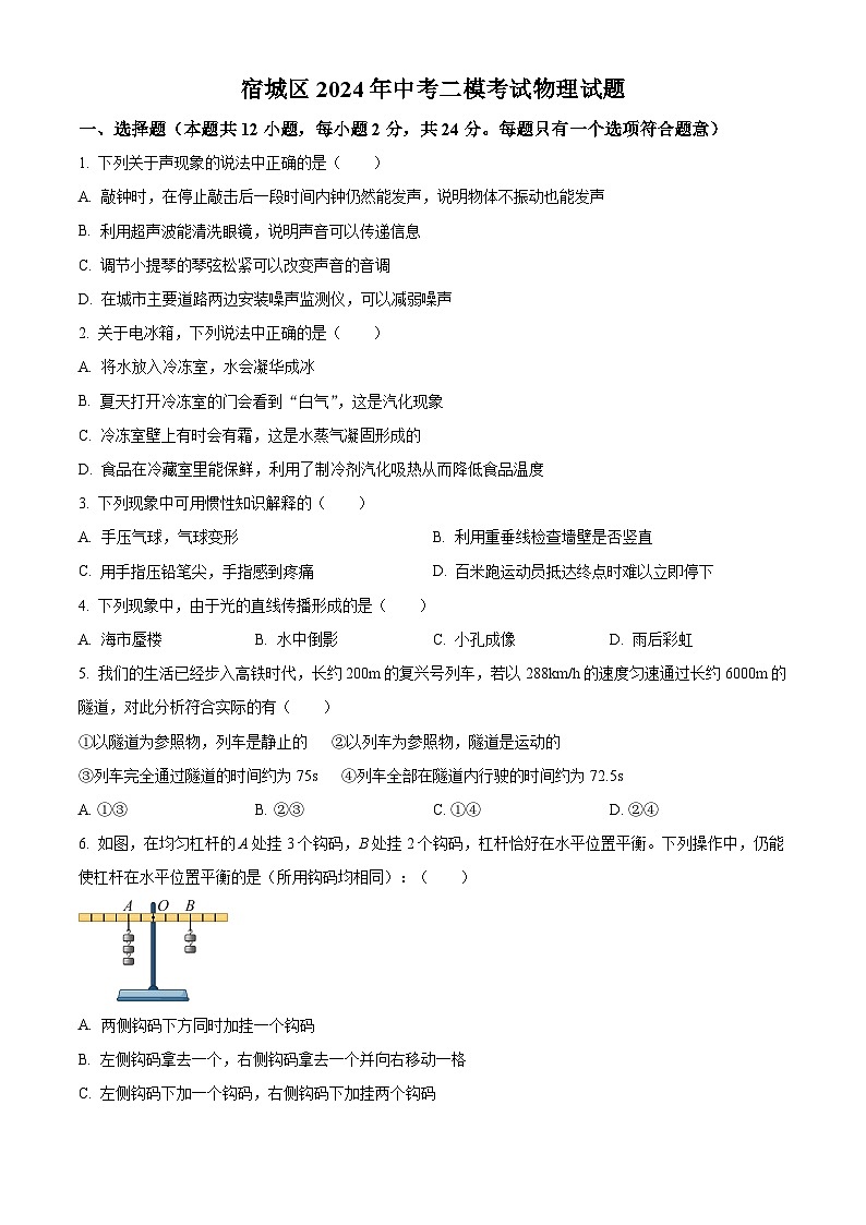2024年江苏省宿迁市宿城区中考二模物理试题（原卷版+解析版）01