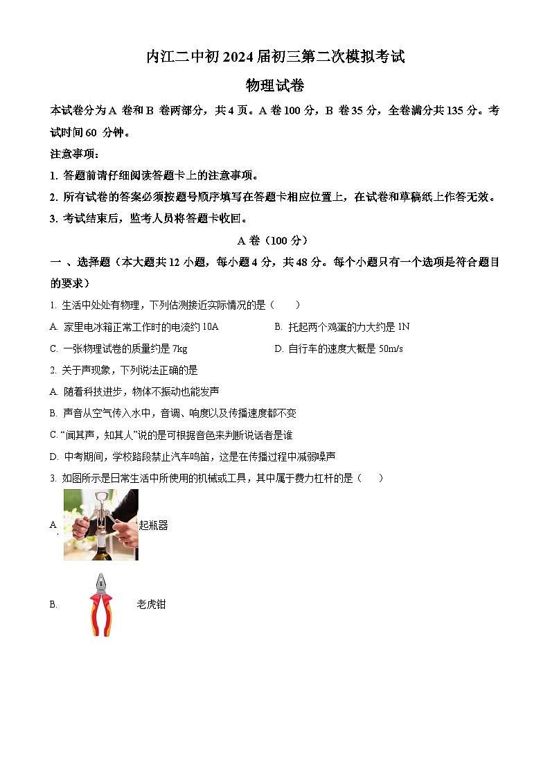 2024年四川省内江市第二中学中考二模物理试题（原卷版+解析版）第1页