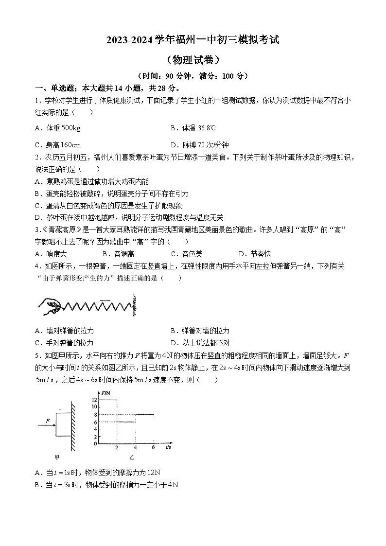 2024年福建省福州一中九年级中考物理模拟试卷(无答案)第1页